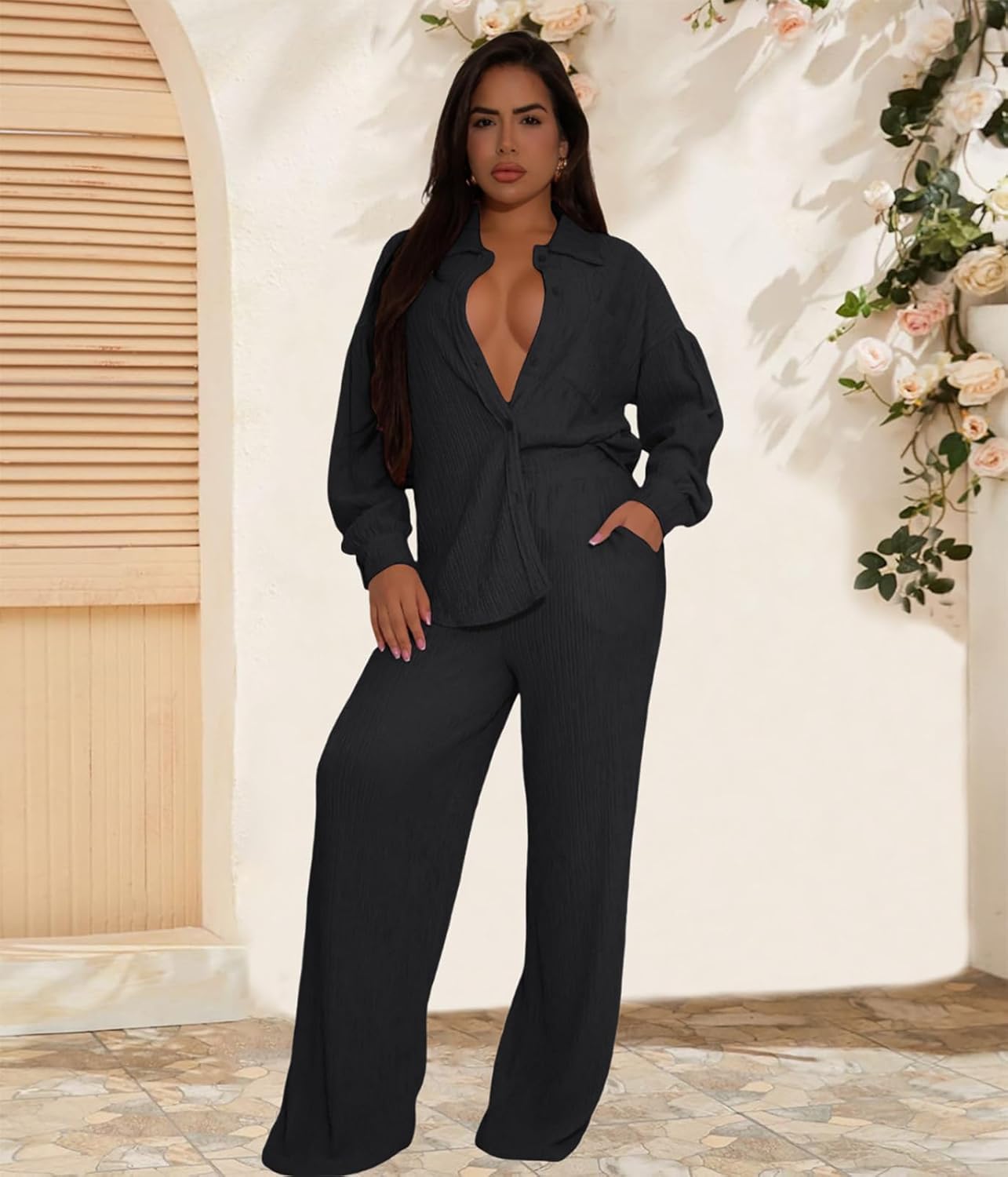 Ophestin Women 2 Piece Dressy Outfits Casual Pleated Long Sleeve Button Down Shirt Wide Leg Pants Loungewear Matching Sets - Image 3