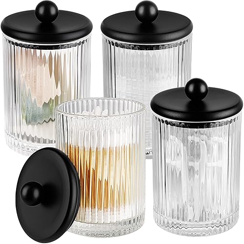 SheeChung Qtip Holder Dispenser 4Pack, Glass Apothecary Jars with Metal