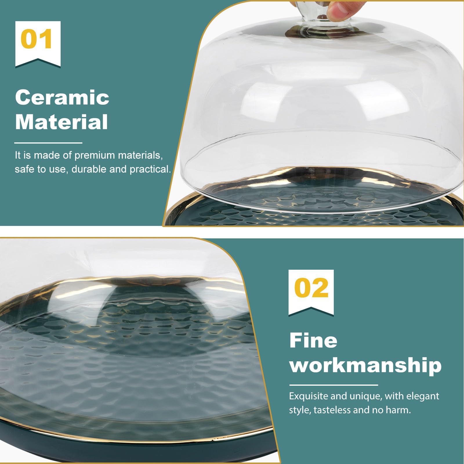 SEWACC Bandeja para servir postres con cubierta de vidrio transparente y base de cerámica verde, protección de alimentos para fiestas infantiles y cenas familiares, 1 set elegante