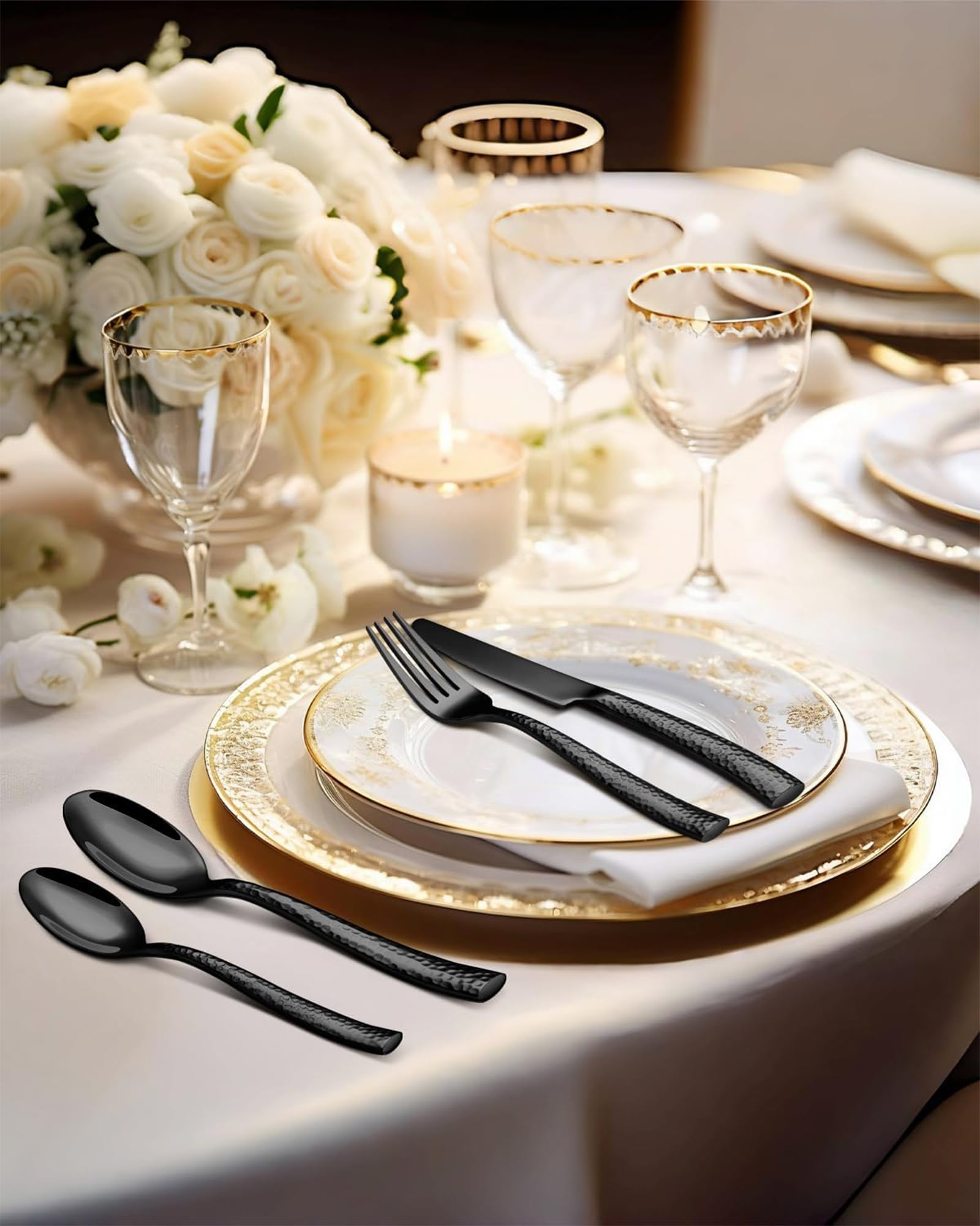 Schwarz Gehämmertes Besteckset, 24-teiliges Hochleistungs-Besteckset aus Edelstahl für 6 Personen, Besteckset in Lebensmittelqualität, Spiegelutensiliensets für das Restaurant zu Hause