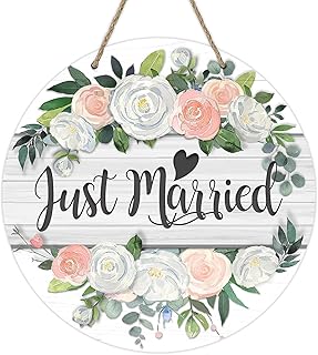 Deroro Just Married Rose Flower Front Door Sign, Floral Wood Door Hanger Outdoor Porch Bridal Shower Decor for New Couple, Engagement Anniversary Wedding Wooden Wreath Indoor Wall Hanging Decoration