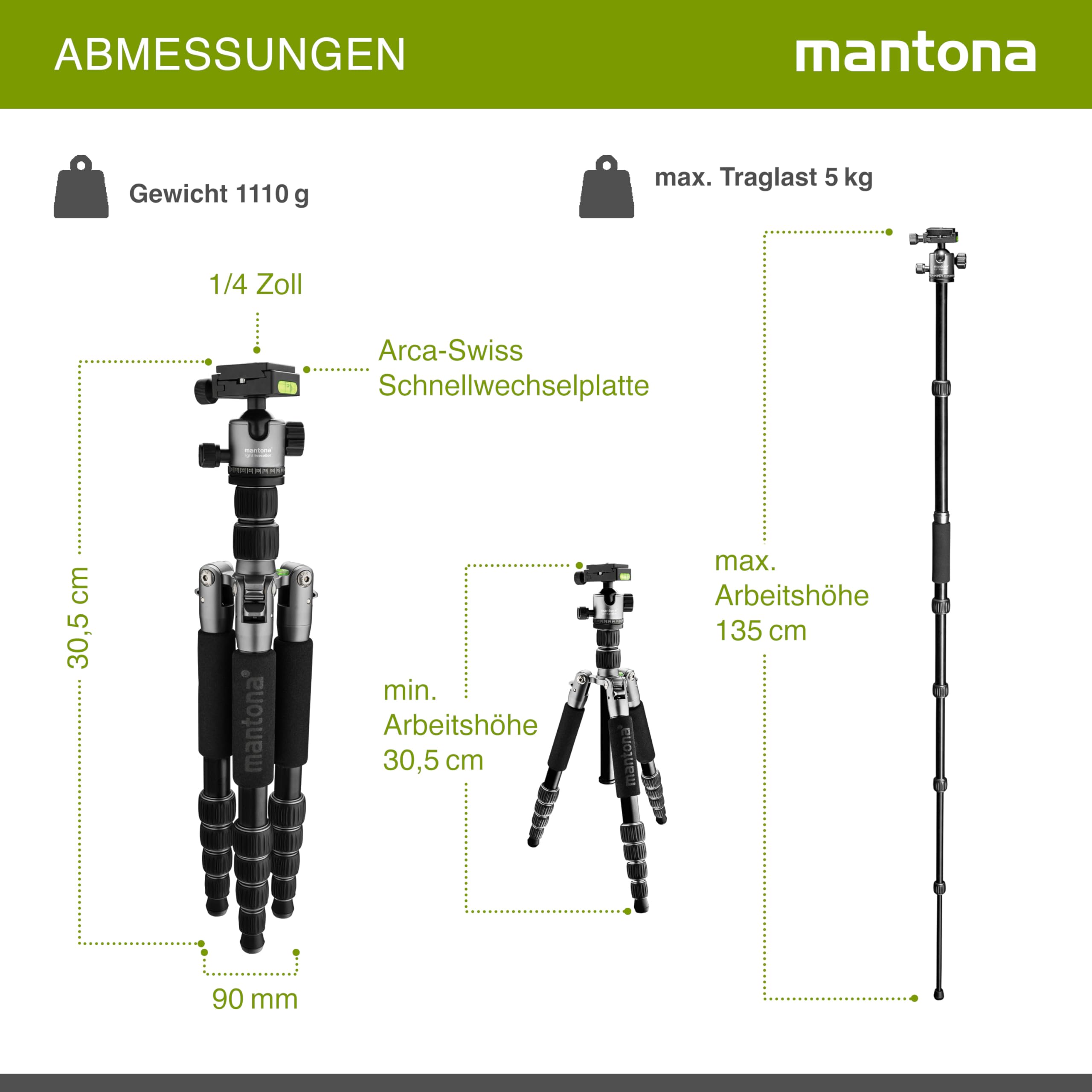 mantona Statyw podróżny Light Traveller, stabilne aluminium, lekki statyw do aparatu, głowica kulowa + płyta wymienna (kompatybilna z Arca Swiss), panorama 360°, statyw fotograficzny jako tripod i