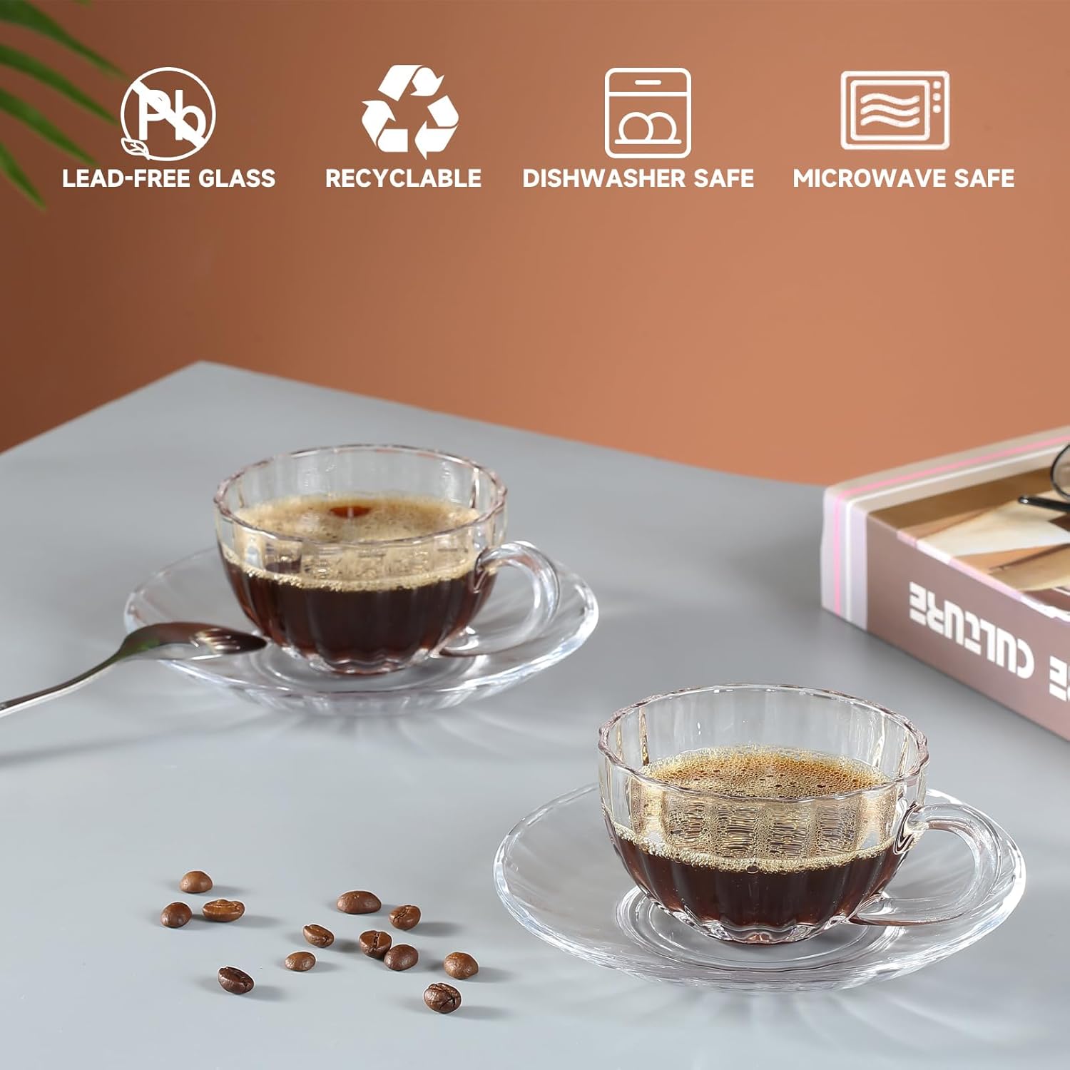 Glass Tea Cups and Saucers Set of 6, Clear Coffee Mugs with Stainless Steel Spoon, Dishwasher & Microwave Safe Teacups for Espresso Cappuccino Latte Tea Juice, 6OZ/180ML