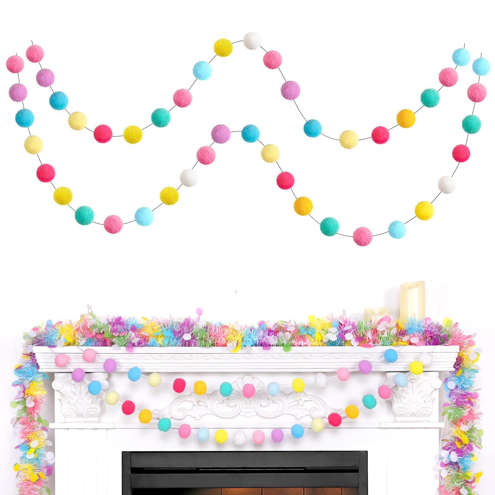 2pk Pom Pom Garland Party Decorations 13FT Colorful Large Felt Ball Garland Macaron Tree Decorations for Mantle,Indoor Holiday Wedding Birthday Party Supplies