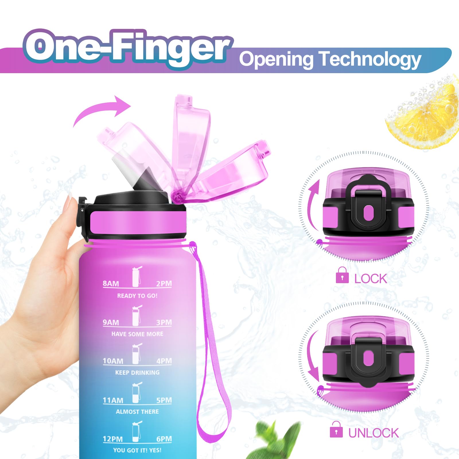 Borraccia 500ml, Bottiglia Acqua A Prova di Perdite, Borraccia con Cannuccia e Marcatori Temporali, Bottiglia Riutilizzabile, senza BPA, Borraccia Motivazionale per Bambini, Scuola, Ufficio, Yoga