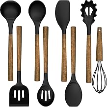 Cooking Utensils Set, 8 PCS Kitchen Utensil Set with Wooden Handle, Black Silicone Kitchen Utensil Accessories, Non-Sticky, Heat Resistant, Easy Cleaning Utensil Set