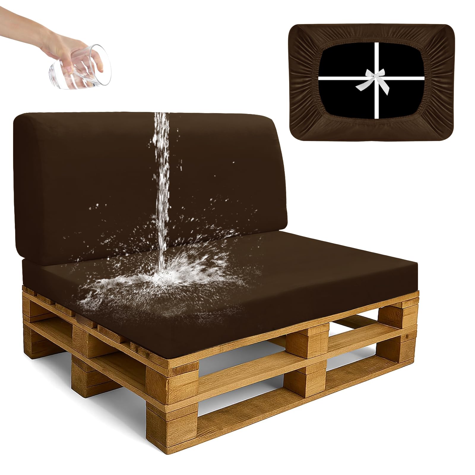 SYLC Waterproof Pallet Cushions Covers, Stretch Velvet Cover for Pallet Furniture Cushions, Outdoor Corner Sofa Covers for Rattan Wooden Patio Garden (Caramel,2 PCS(1 Seat+1 Back))