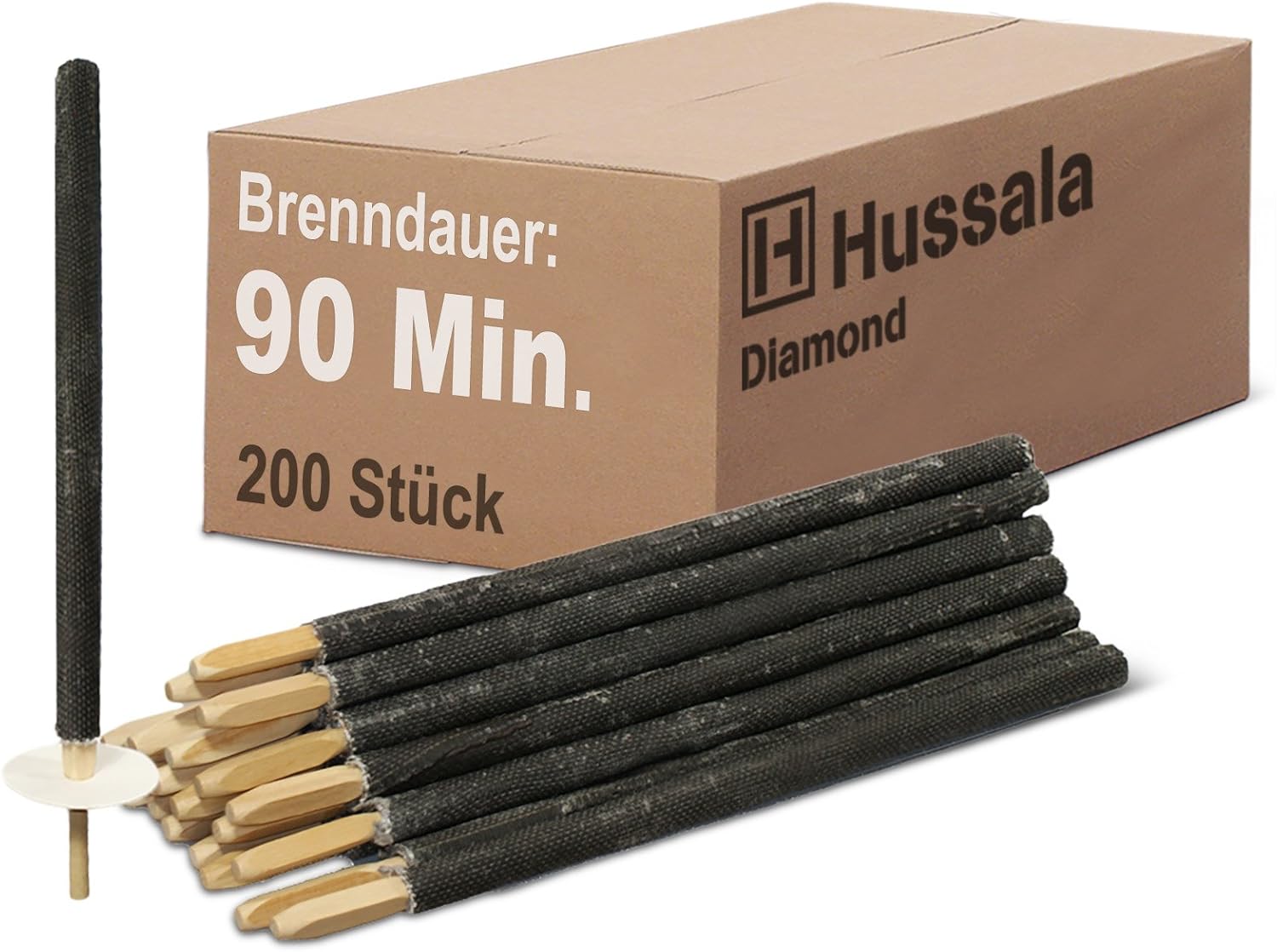 Hussala Diamond Wax Torches [200 Pieces/90 Min] with Wooden Stick and Drip Protection, Garden Torches Made of Diamond Wax