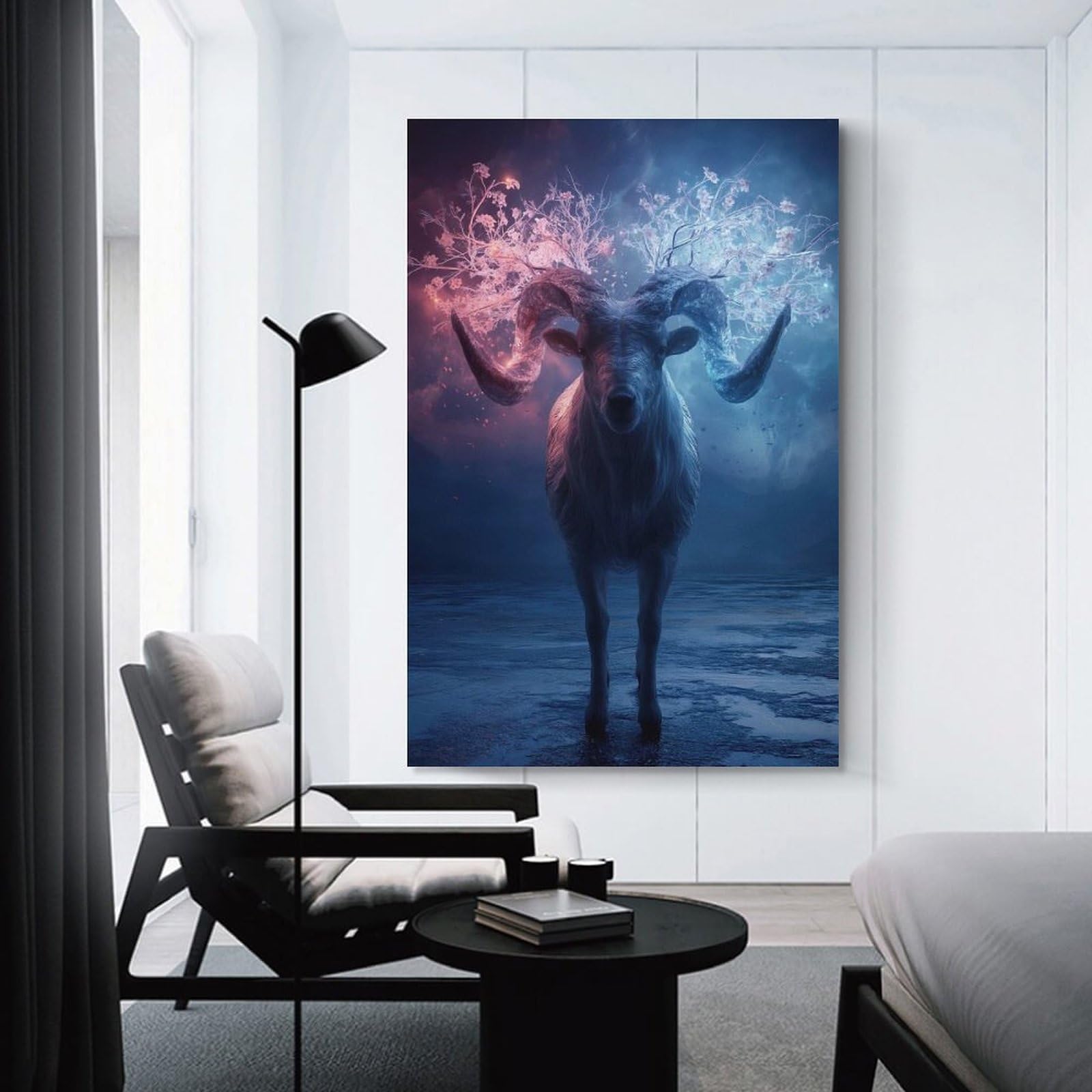 Junmoney Decorative Canvas Print Fantasy Ram with Floral Antlers, 08x12inch(20x30cm), for New Homes, Bedrooms Or Workspaces, Thoughtful Wall Decor for Art Lovers