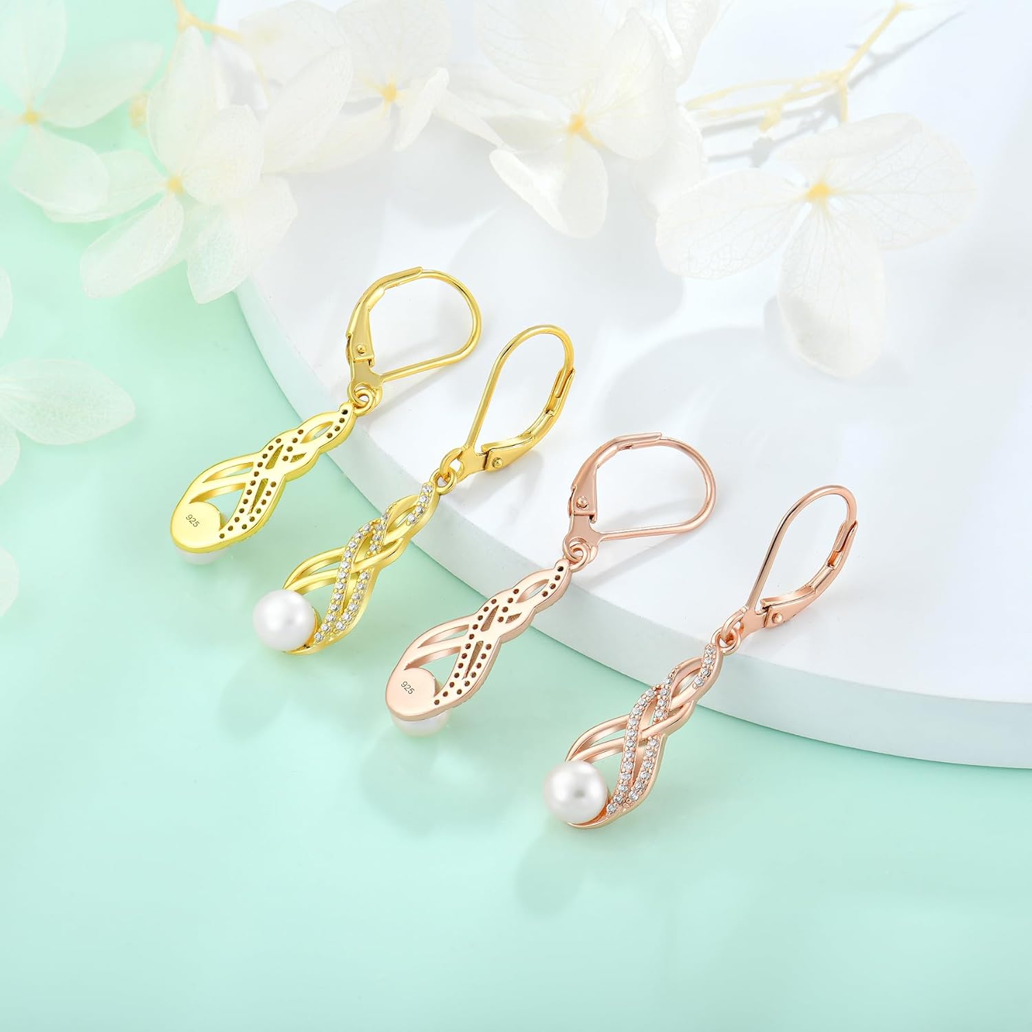 Pearl Earrings Gifts for Women, Christmas Gifts, 925 Sterling Silver Infinity Leverback Dangle Earrings with Cubic Zirconia, 6MM Freshwater Cultured Pearl Jewelry, Christmas Earrings for Women