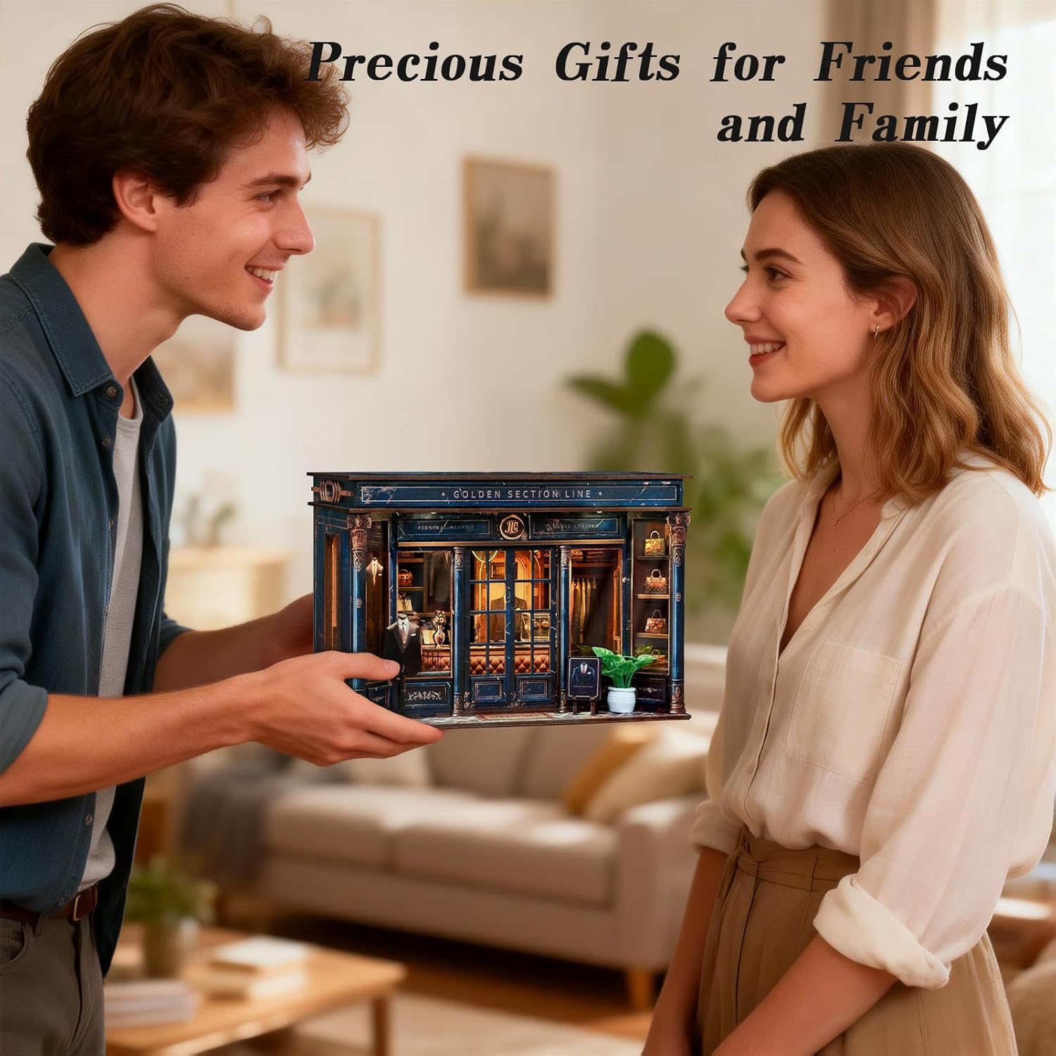 DIY Miniature Dollhouse Kit with LED Light, 3D Wooden Puzzle Book Nook Kit for Adults and Teens, Creative Tailor Shop Model Kit to Build, Home Decor Hobby Gift (Golden Section Line)