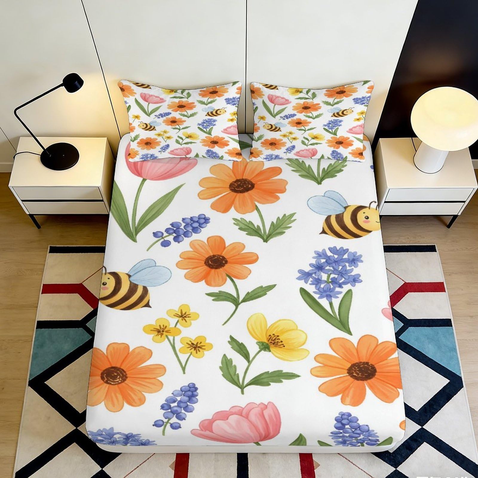3D Printed Floral Bee Fitted Sheet Microfiber Soft Breathable Wildflower Bed Cover for Bedroom Guestroom Decor 90x200x25cm