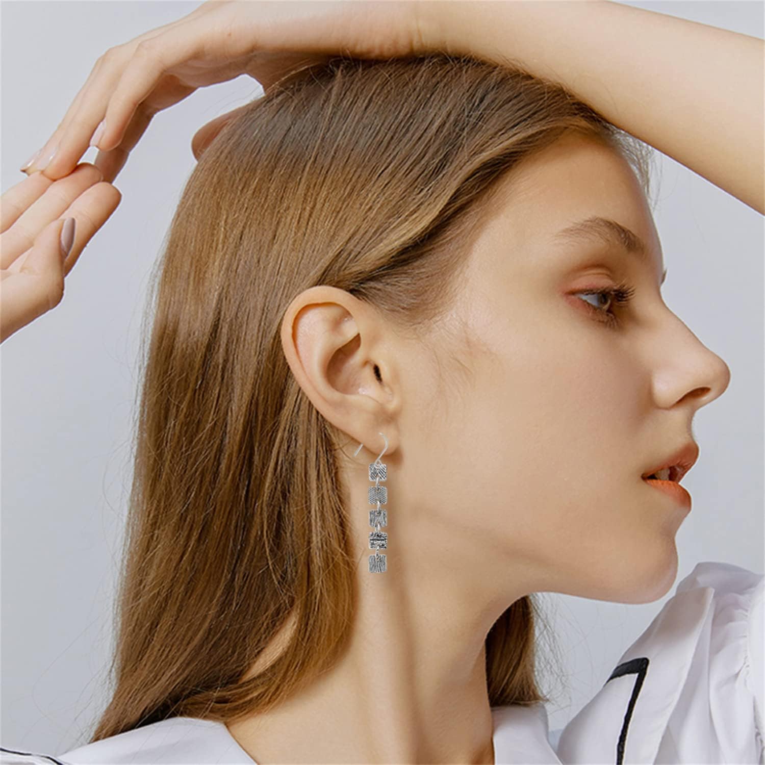 Handmade Lightweight Punk Vintage Silver Rectangle Tassel Chain Dangle Drop Earrings Retro Bohemian Geometry Hook Earring for Women Personalized Jewelry Gifts - Image 4