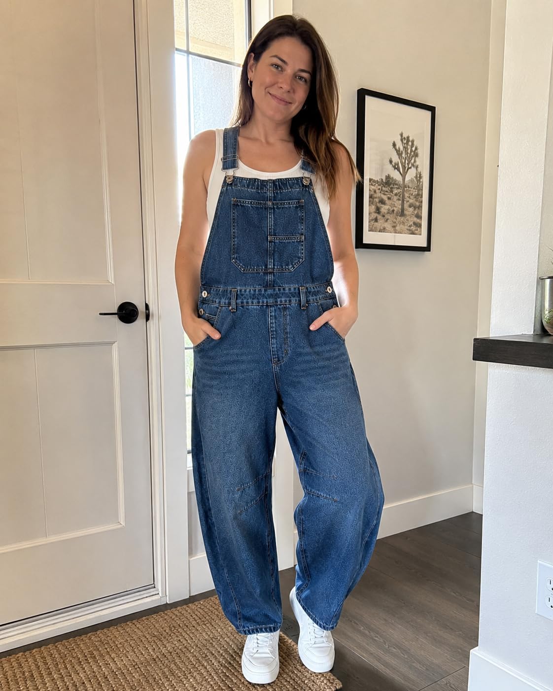 Women’s Barrel Leg Denim Overalls Loose Fit Baggy Bib Jumpsuit Casual Wide Leg Jean Overalls with Pockets