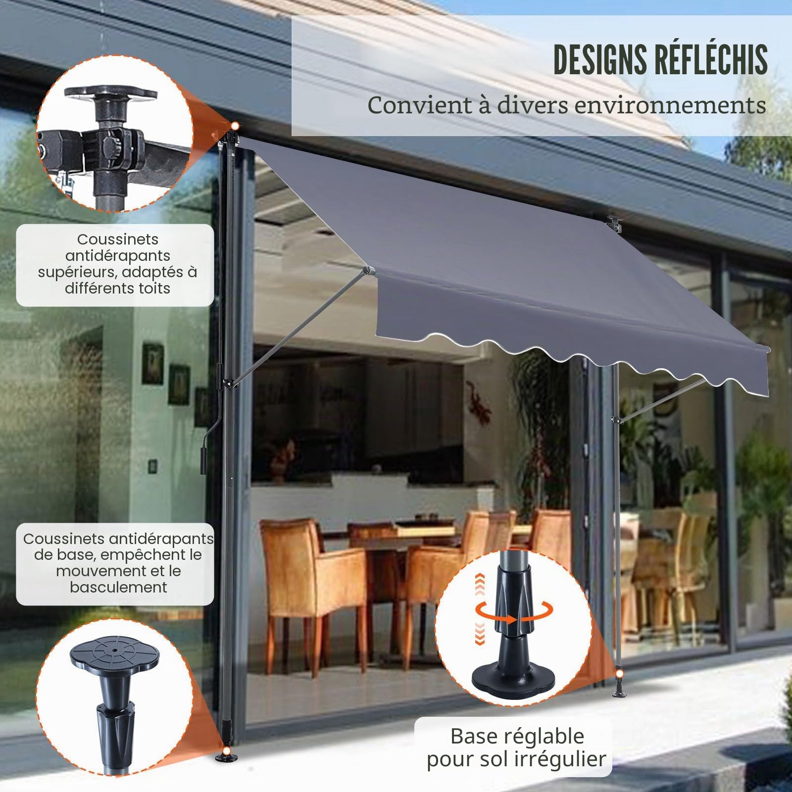 VEVOR Auvent Rétractable 3 x 1,2 m Store Banne Manuel Terrasse Extérieur Hauteur Réglable Résistant au Vent/UV Auvent avec Rideau Pare-Soleil 1 m et Manivelle pour Patio, Arrière-Cour, Jardin, Balcon