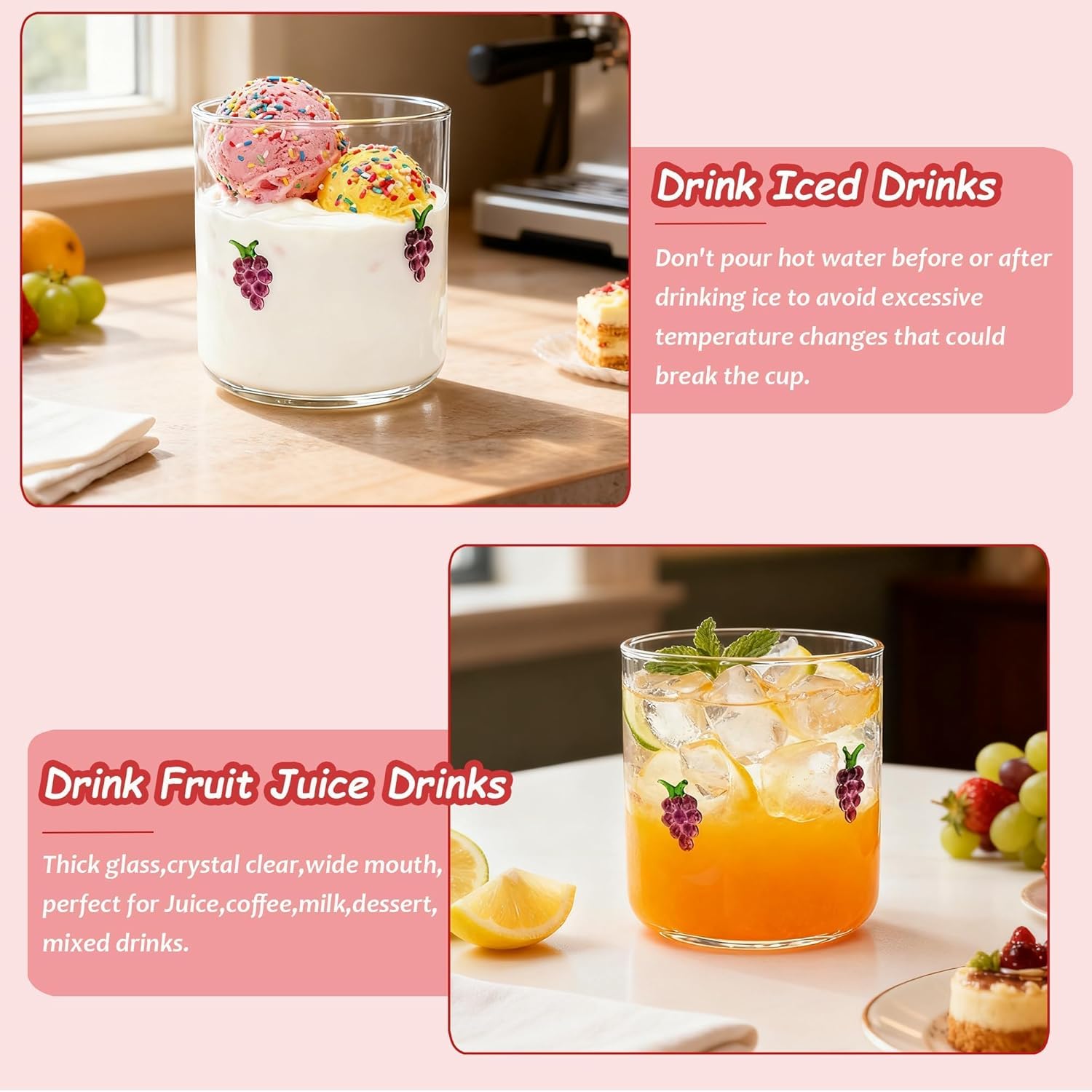 Grape Icon Juice Glasses, Aesthetic Glass Juice Cups 14 oz Cocktail Glasses Drinking Glass Old Fashioned Iconic Glasses for Women Sister Friend Party - Image 4