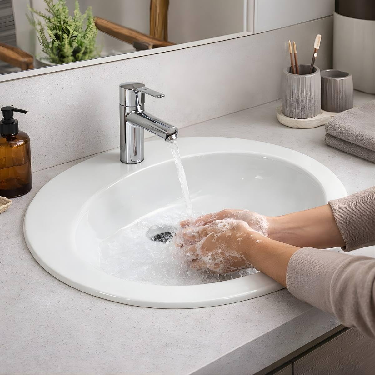 LAVABO Incasso TONDO Ceramica - Lavandino Soprapiano OVAL L. 62 x 52 cm Monoforo Pred. a 3 Fori
