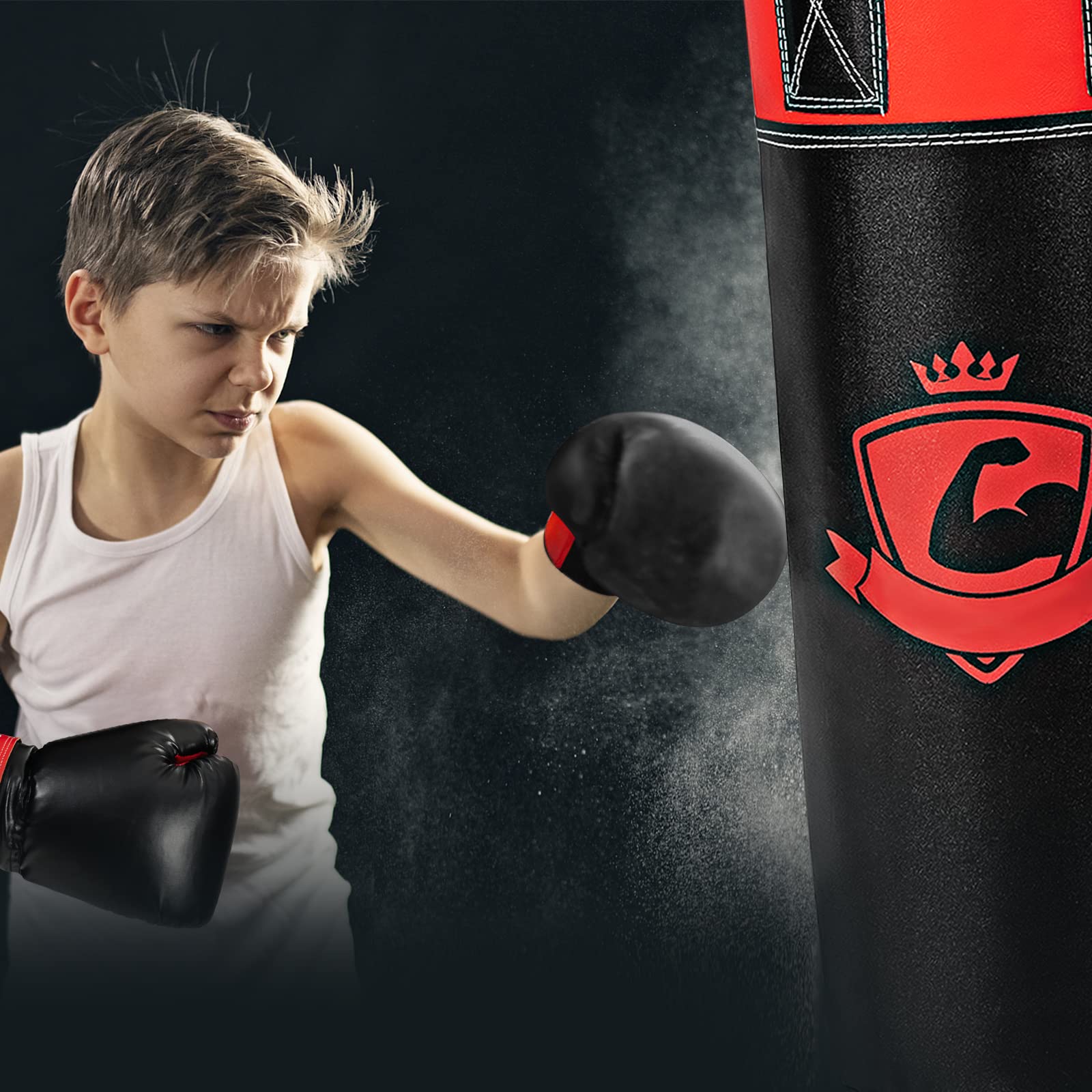 GYMAX Juego de Saco de Boxeo para Niños de 5,2 kg con Guantes de Boxeo, Vendajes de Boxeo y Bolsa de Transporte, 60 cm, para Kickboxing, MMA, Artes Marciales, Muay Thai, Boxeo, 3 Años+