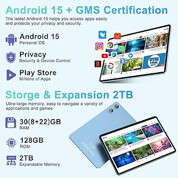 Android 15 Tablet 30GB RAM 128GB ROM 2TB Expand, 10 inch