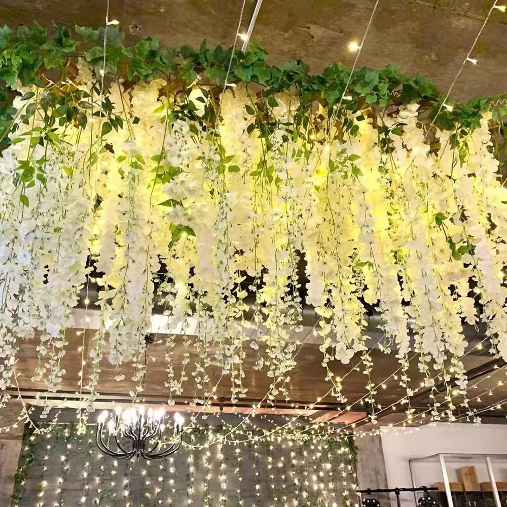 40 Pack Wisteria Flower Vines Garland, 3.75 Feet Artificial Flower Strings, Fake Hanging Flowers, Silk Wisteria Garland Flowers, Wisteria Vine for Wedding, Garden, Wall Decoration (Cream White)
