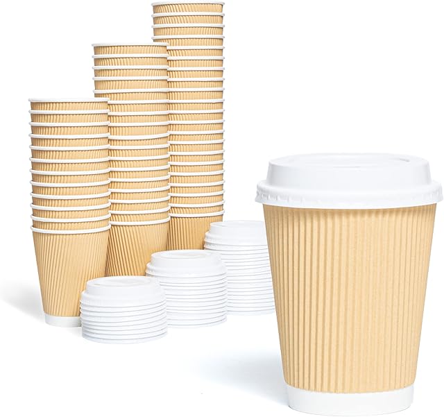 Caterserve Paper Cups for Tea and Coffee Takeaway Drinks Insulated Ripple Wall (8oz 50 Cups 50 Lids)