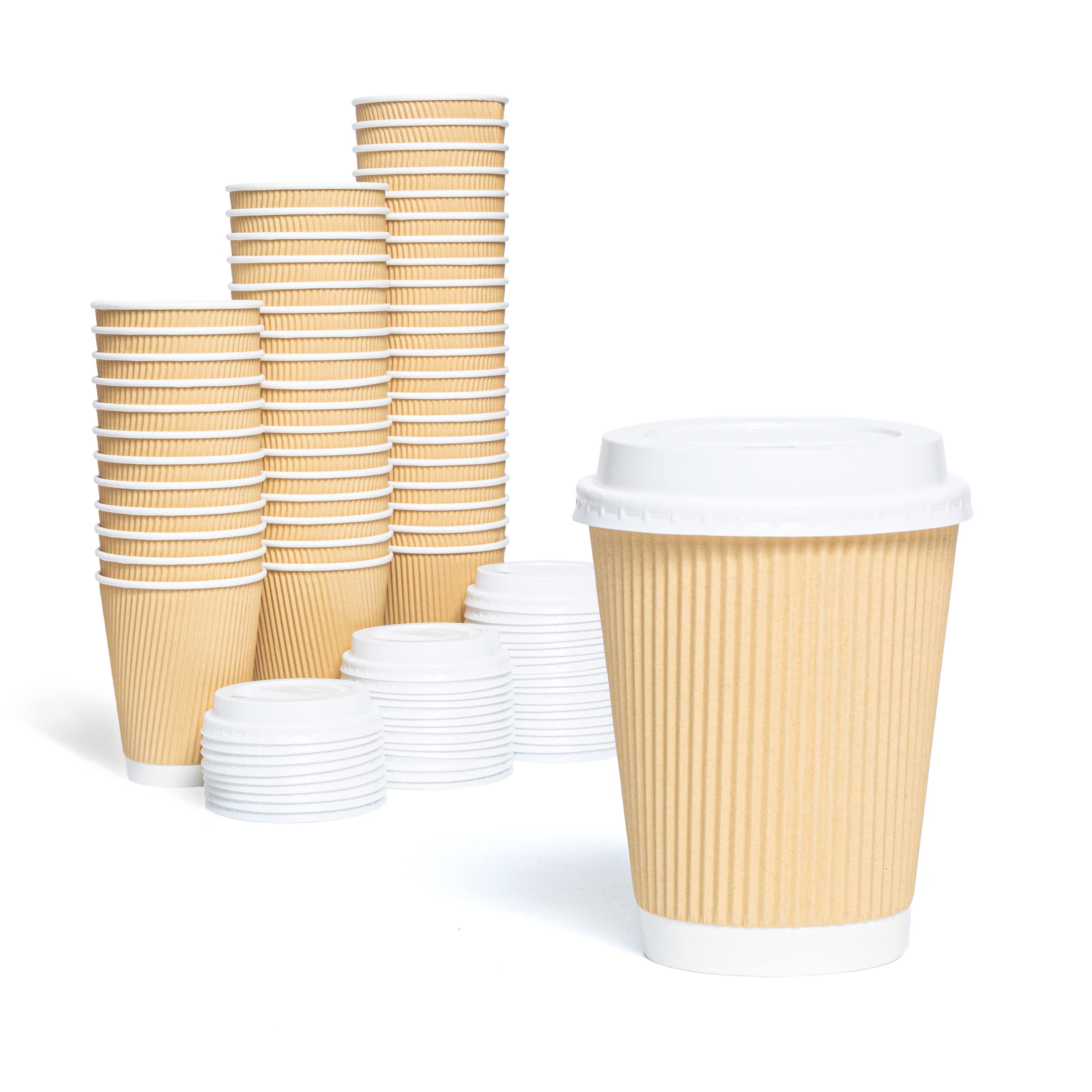 Paper Cups With Lids For Tea And Coffee Takeaway Drinks Insulated Ripple Wall (8Oz 50 Cups And 50 Leak Proof Lids)