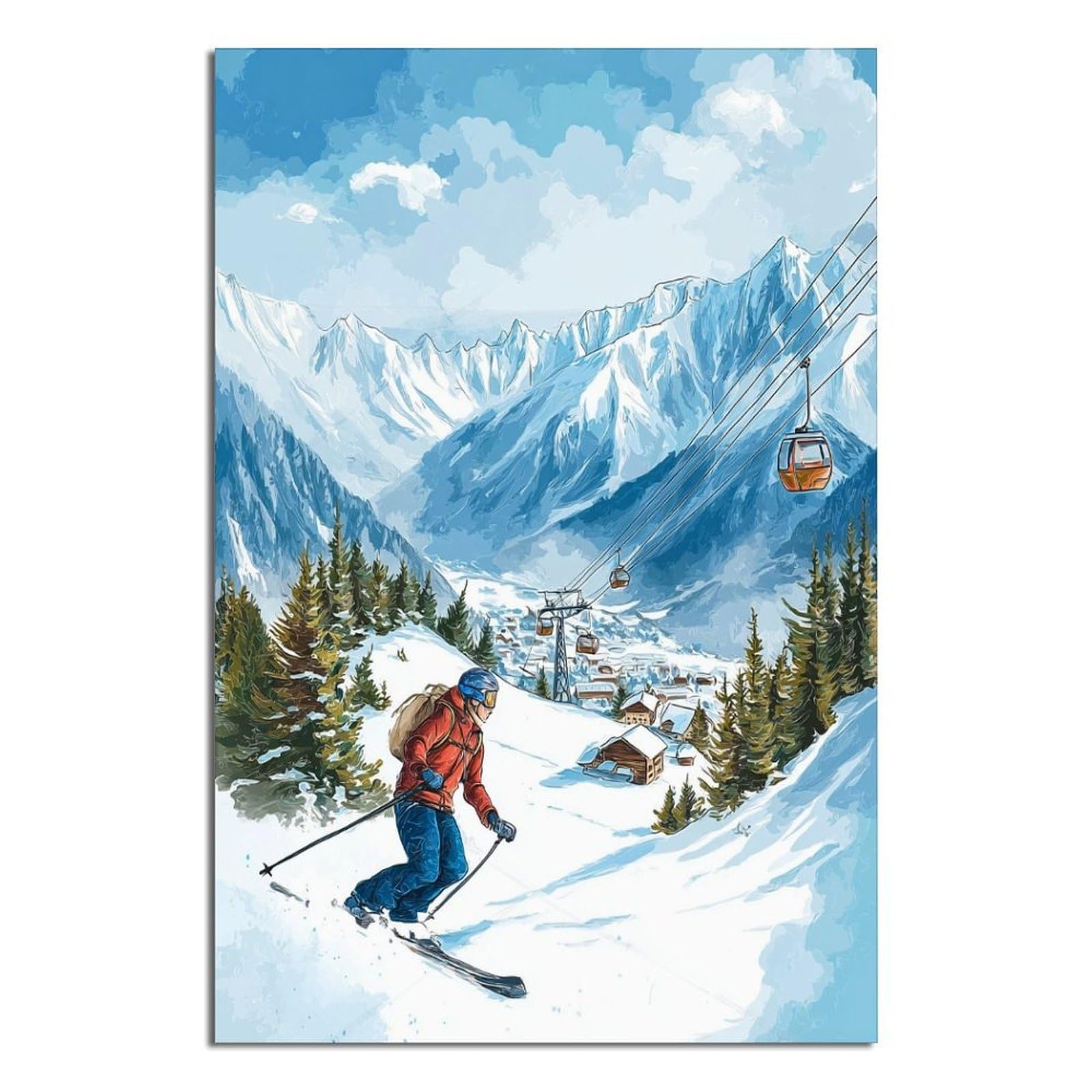 Chamonix France Ski Poster 24x36inch(60x90cm) Vintage Watercolor Canvas Art