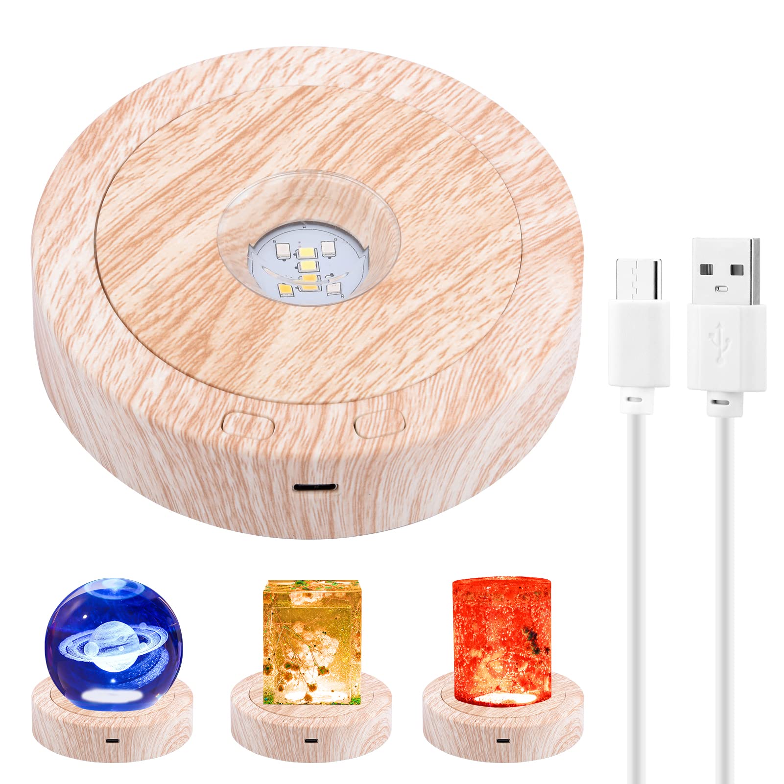 Wood Light Display Base, Rotating Display Stand, LED Display Base for Crystals Glass Art, Colorful Light Crystal Display Base Stand for 3D Crystal Glass Resin Art