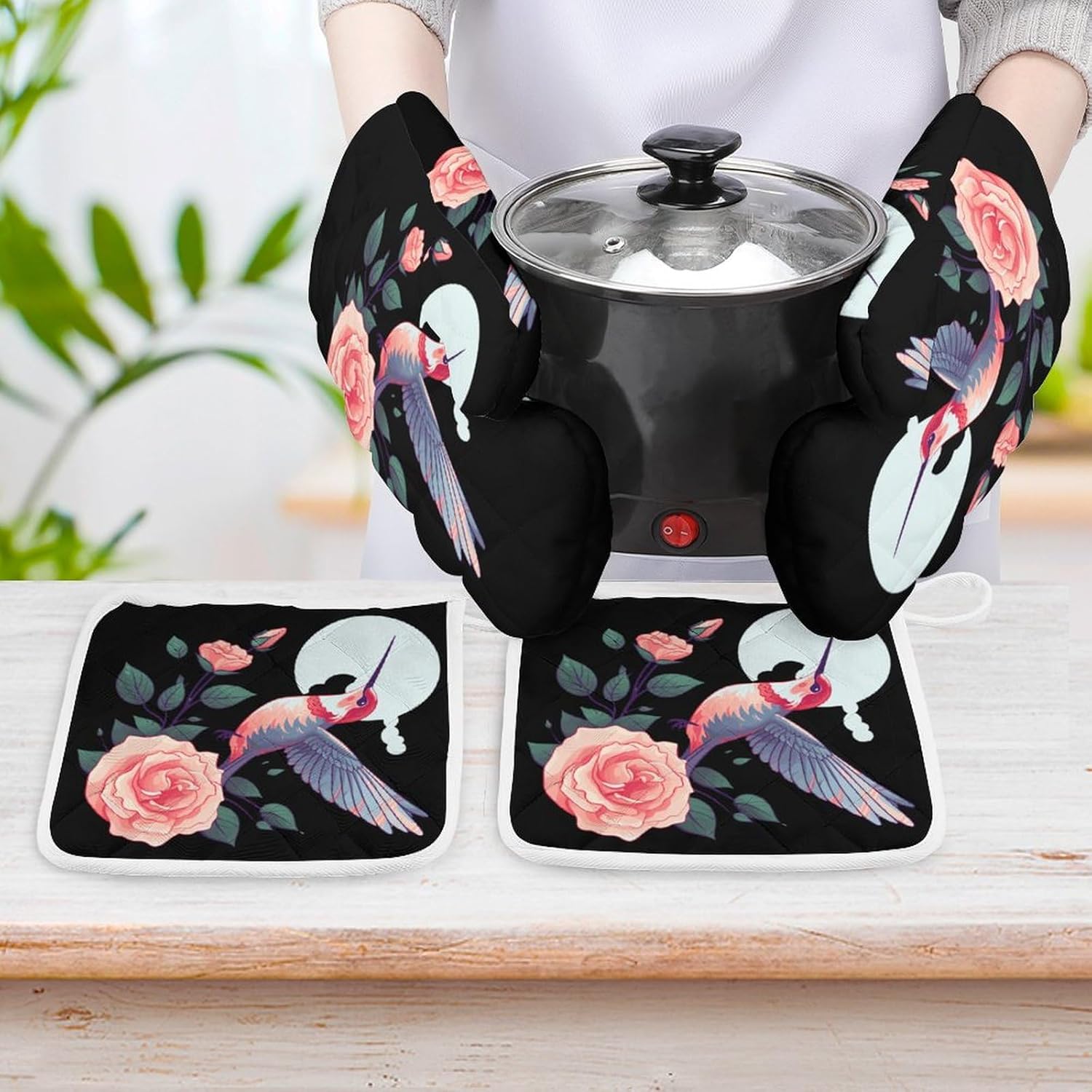 Hummingbird Rose Flower 4 Pcs Oven Mitts and Pot Holders Set High Heat Resistant Long Kitchen Oven Glove Potholders