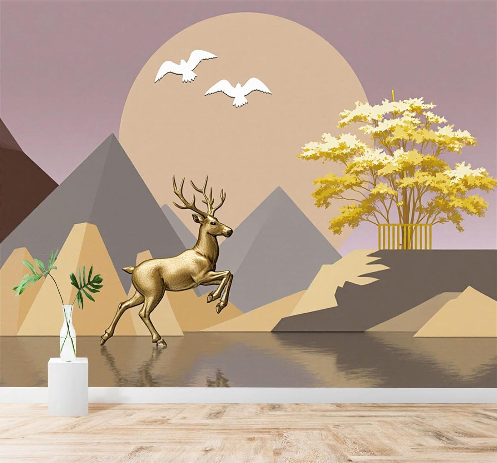 Xlming 400Cm×280Cm(B×H) Golden Deer By The Lake Mountains Birds In Flight Sunlight Yellow Trees 3D Wallpaper Silky Texture Home Study Office Grey Dining Room Sofa Bedroom Living Room Tv Backdrop-400Cm×280Cm