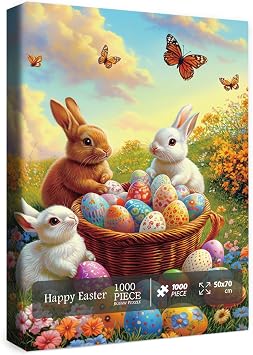 Bunny Easter Eggs Puzzle for Adults 1000 Pieces, Cute Easter Rabbit Jigsaw Puzzle, Colorful Flower Butterfly Floral Puzzle