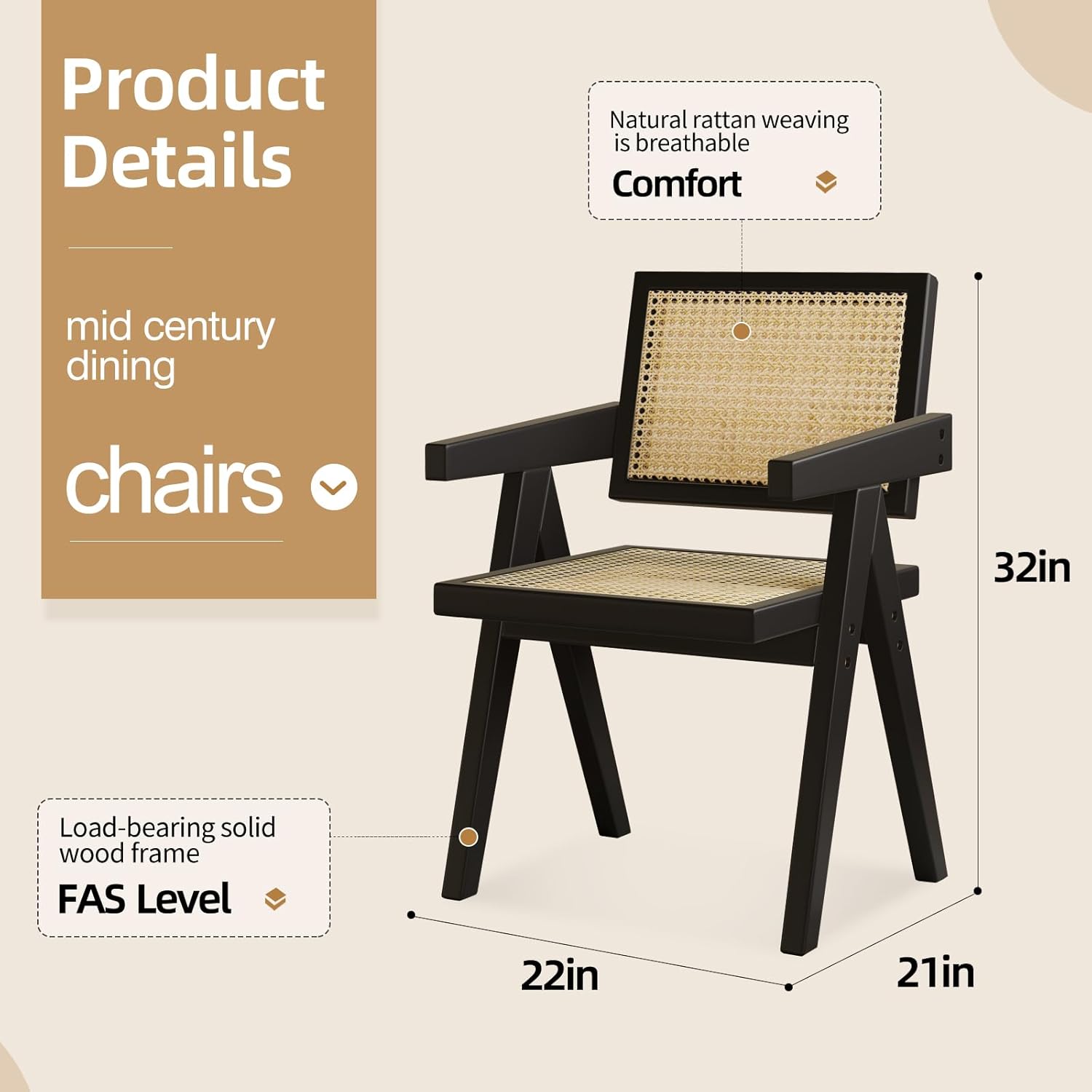 wooden dining chairs set of 2, mid century modern rattan dining chairs, comfy armchairs, outdoor chairs with accent chair bedroom living room for reading room dining kitchen (black, set of 2)