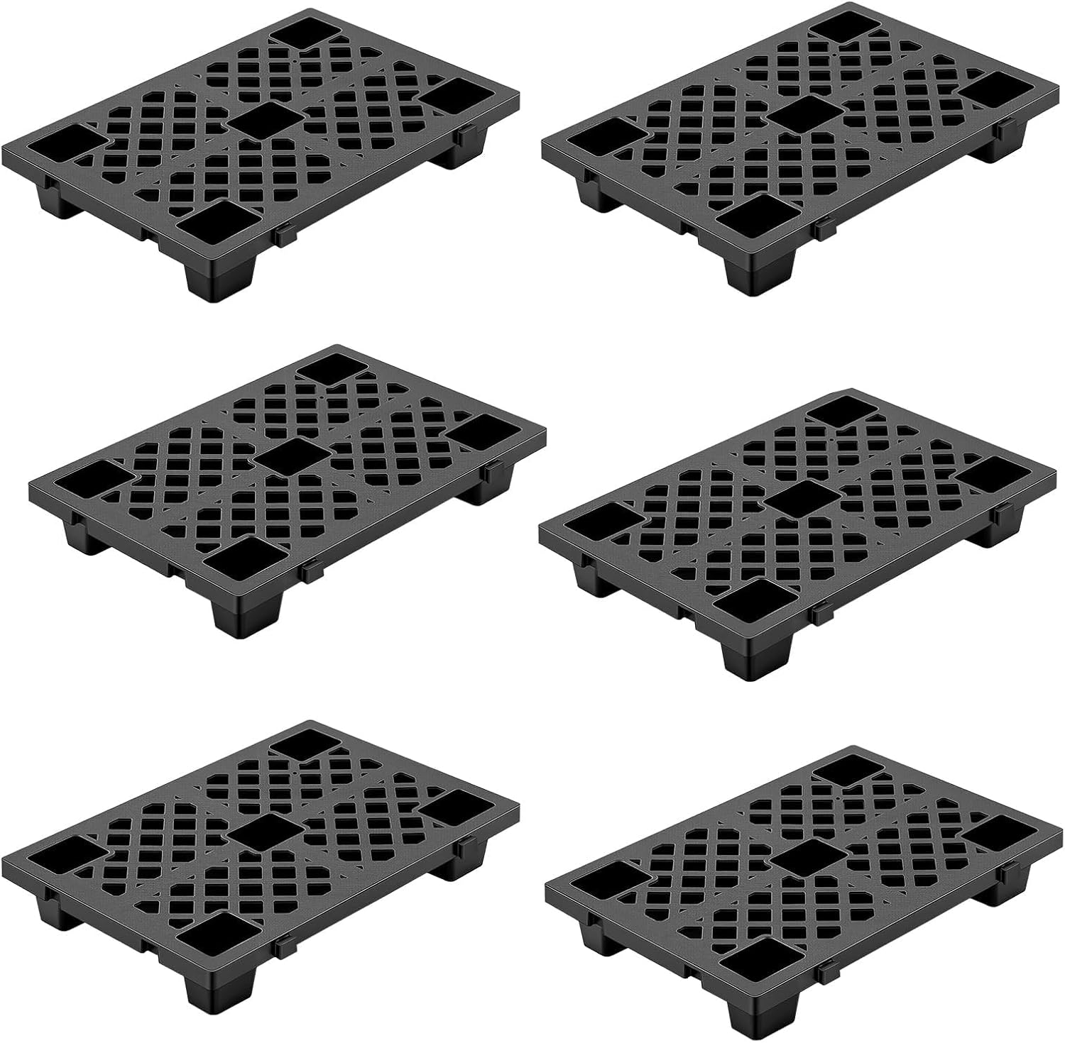 6 Pcs Interlocking Plastic Pallet, 23.6" x 15.7" x 3.9", Heavy Duty Waterproof Pads with Breathable Grid, Lightweight Stackable Pallet for Basement, Garage, Workshop, Restaurant, Supermarket, Black