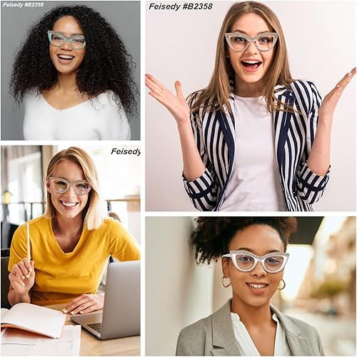 Miniatura 3 de FEISEDY Gafas de bloqueo de luz azul con diamantes de imitación de ojo de gato para mujer, de gran tamaño, antifatiga ocular, marco B2358