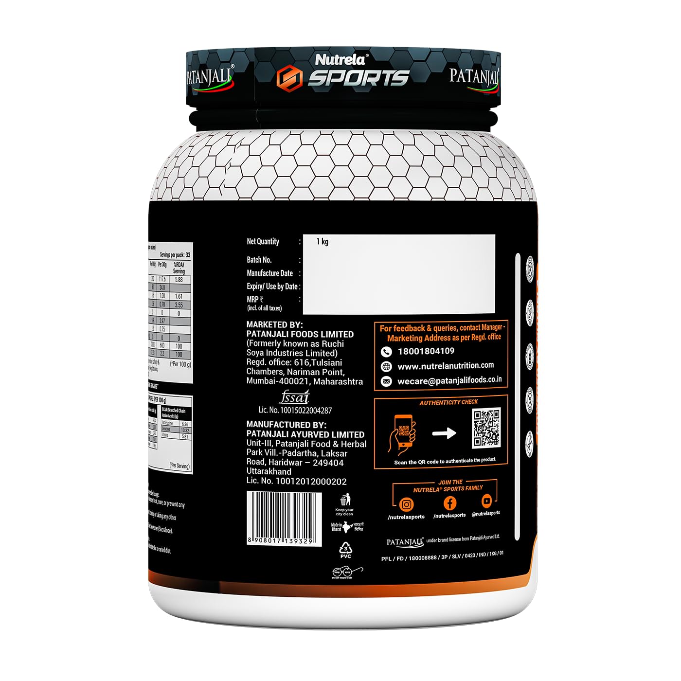 NUTRELA Sports Patanjali Whey Protein 1kg | Concentrate + Isolate | 24g Protein Per Scoop | 6.7g BCAA, 4.9g Glutamine with Digestive Enzymes for quick absorption & easy digestion | Muscle - Building & Recovery | 100% Vegetarian | Malai Kulfi — Amazon image 8