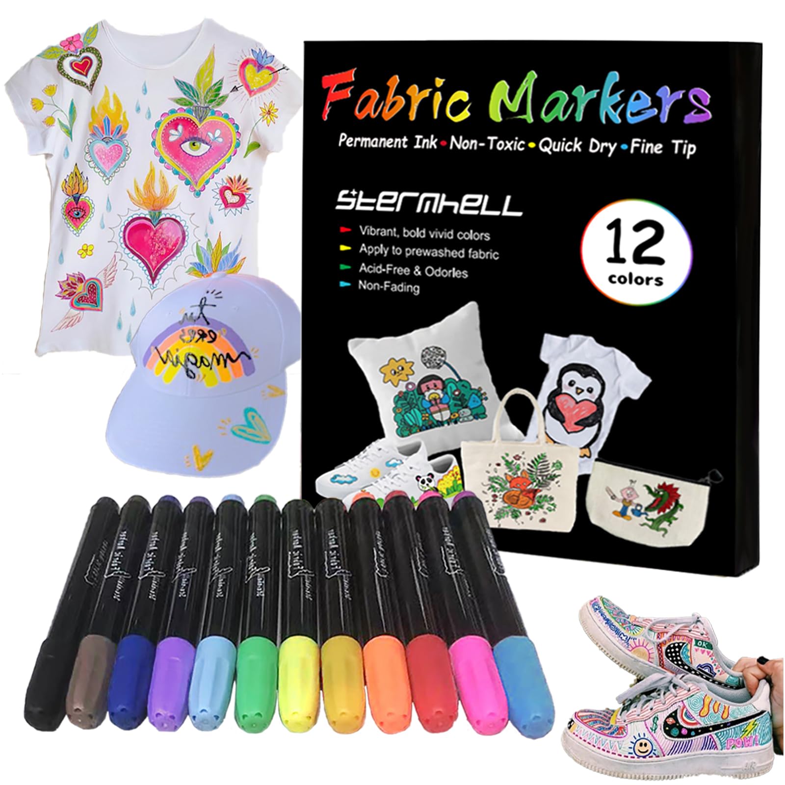 Sternhell Rotuladores de tela de 12 colores, aptos para lavadora, resistentes a los lavados, lápices de tela, para camiseta, bolsa de tela, zapatos de lona, bolsa de la compra, tela clara