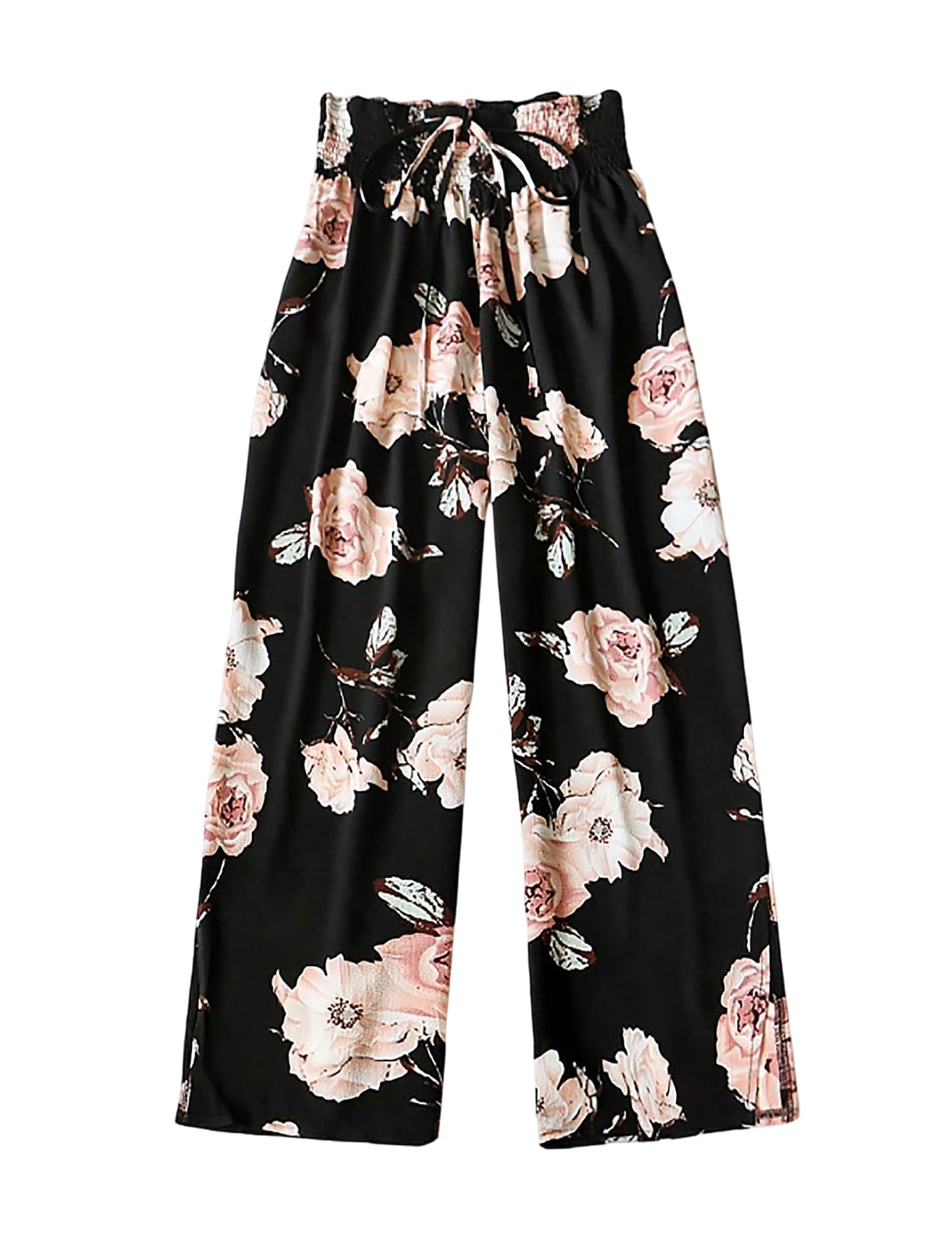 SweatyRocks Womens Floral Print Shirred Elastic Waist Pants Casual Vacation Drawstring Long Trousers