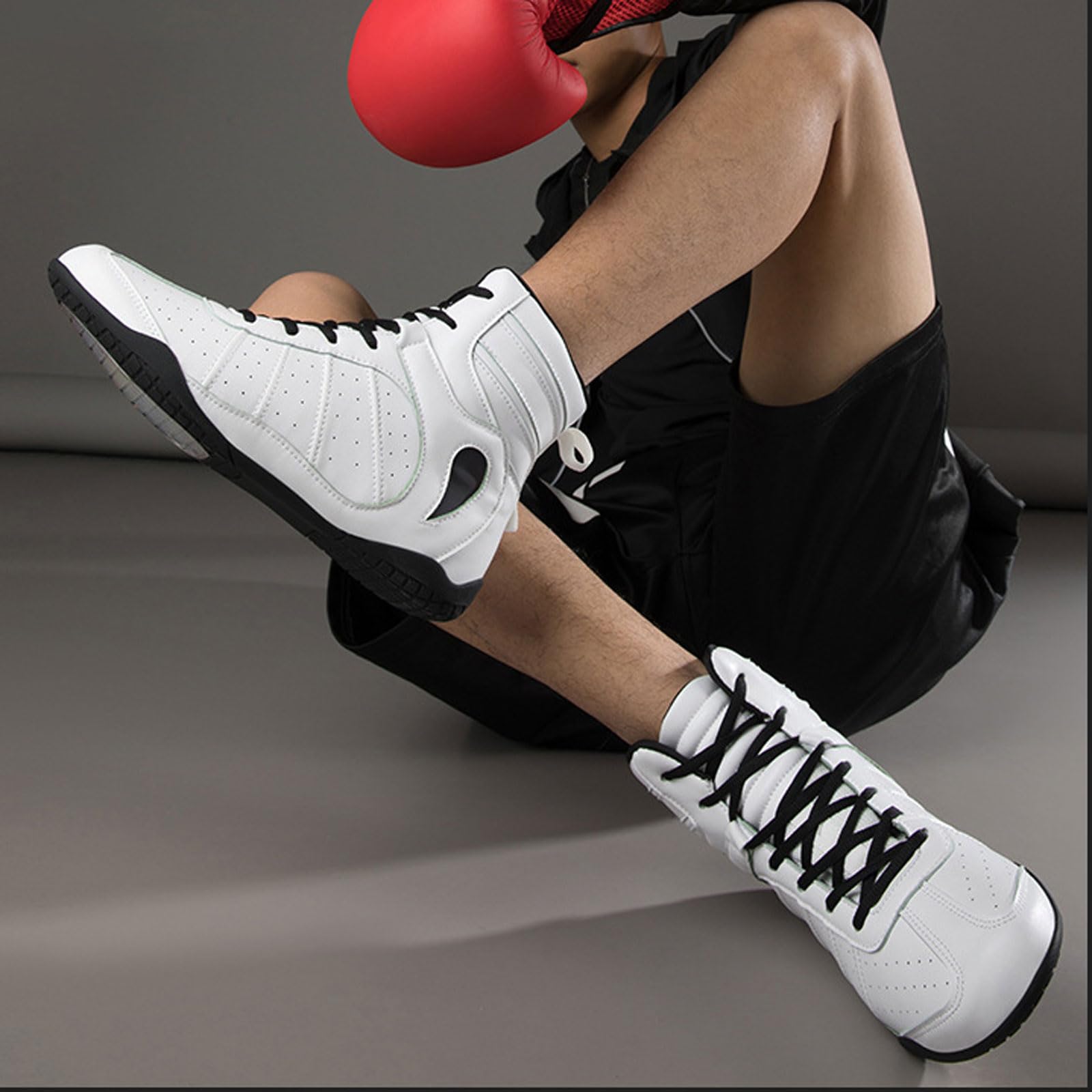 Buty bokserskie na siłownię MMA. Buty bokserskie do treningu fitness. Buty bokserskie unisex. Wysokie buty do zapaśnictwa. | Gumowa podeszwa | czarny/biały | rozmiary 35-46.