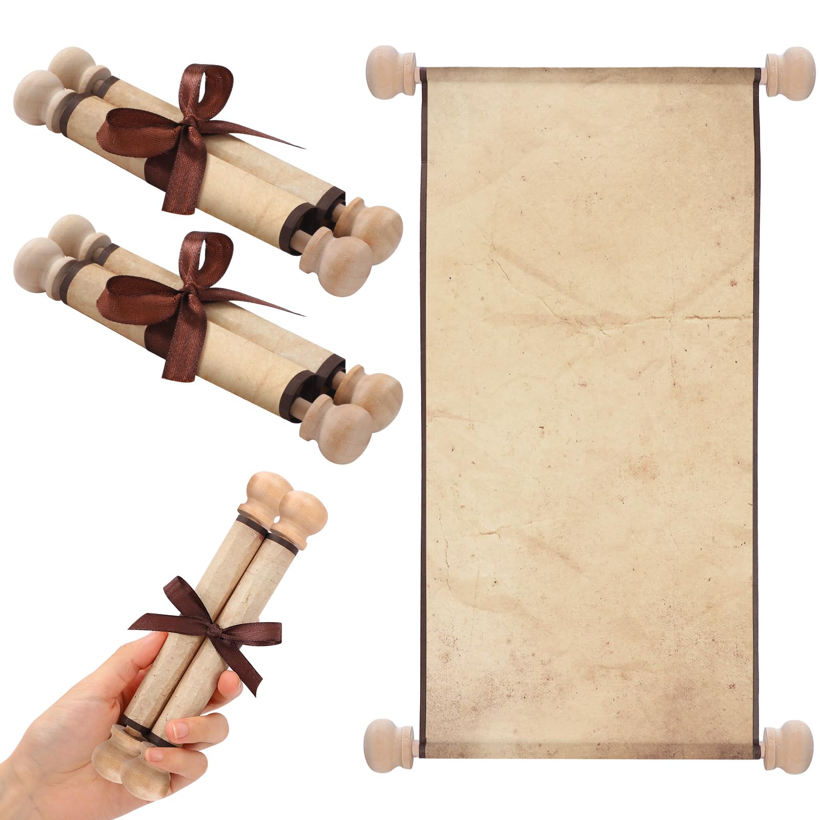 Epakh 2 Pack Vintage Blank Paper Scrolls Vintage Paper Wrapped on Wood Rod Long Aged Blank Scroll for Writing, Drawing, Calligraphy(Old Color,3.5 x 8 Inch)