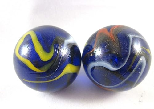 Miniatura 2 de Juego de 2 canicas de cristal macizo de 1.378 in de Michelangelo en forma de remolino grande, color negro, azul, rojo, amarillo, blanco