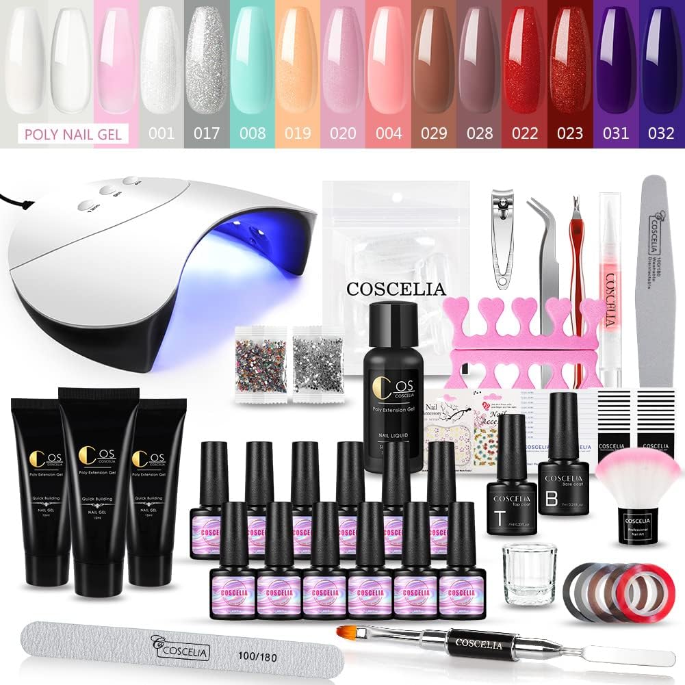Gel Nail Polishes Starter Kit with 36W U V/LED Nail Lamp 3 Colours 15ml Poly Extension Gels 12 Colours Gel Polishes Set Top Base Coat Nail Tools Nail Decorations Manicure Design Kit