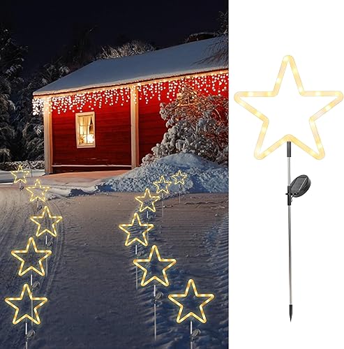 Luces solares de Navidad para caminos al aire libre, paquete de 3 luces solares de estrella para pasarela con estacas, impermeables, color blanco