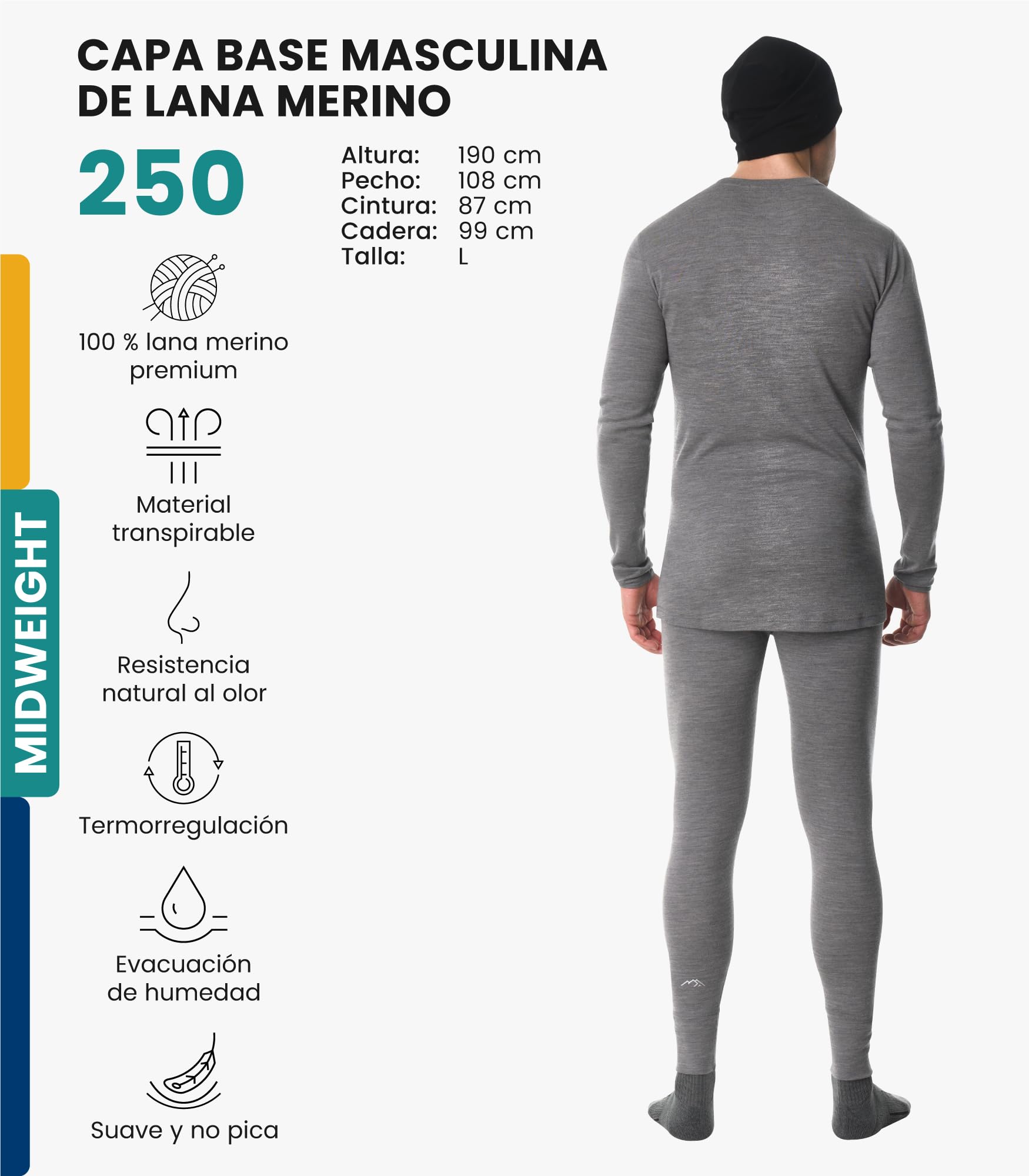 Merino.tech Conjunto Lana Merino Hombre - 100% Lana Merino con Calcetines (X-Large, Heather Grey)