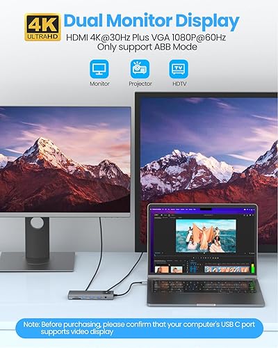 Miniatura 3 de GiGimundo Hub USB C para portátil - Carga PD100W, Ethernet RJ45, USB3.0, HDMI 4K, VGA, SD TF, conector de audio de 0.138 in - Adaptador multipuerto