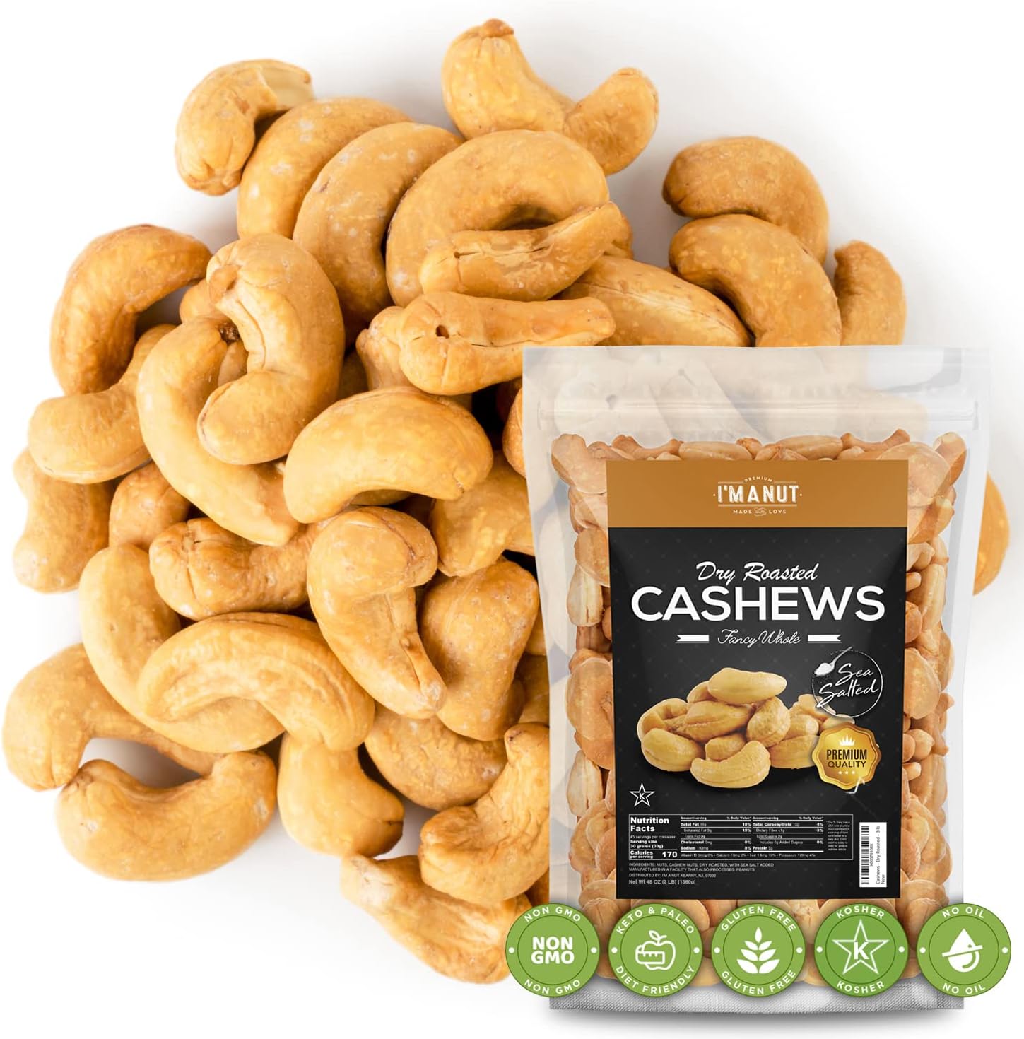 Oven Dry Roasted Fancy Cashews with Sea Salt-48 oz (3 lb) | Whole | No Oil | No PPO | Vegan and Keto Friendly | Made from Natural