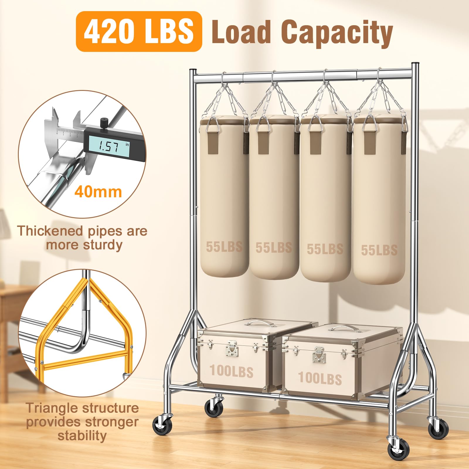 EAGMAK Tringle à vêtements robuste, capacité de charge 190 kg, tringle à vêtements mobile avec roulettes verrouillables, tringle à vêtements en métal debout avec étagères, garde-robe portable et