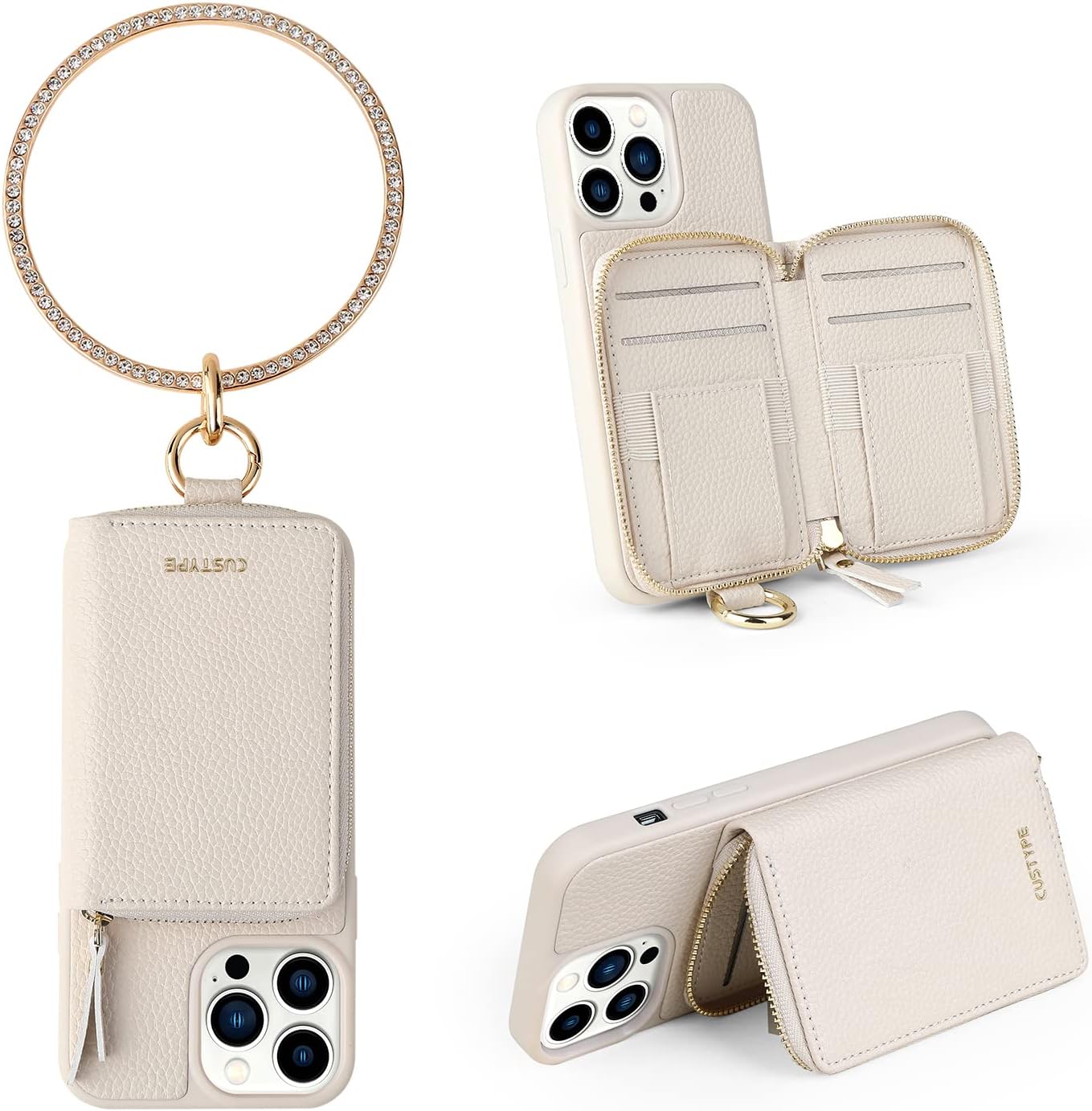 CUSTYPE for iPhone 14 Pro Case with Card Holder, iPhone 14 Pro Wallet Case for Women iPhone Case Wallet Leather Case with Wrist Strap Bracelet RFID Blocking Camera Protection (6.1 inch-Bangle)