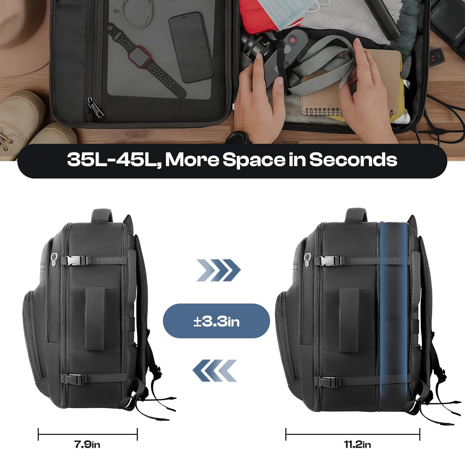 Roomy Travel Backpack, Expandable 40L-50L Carry On Backpack