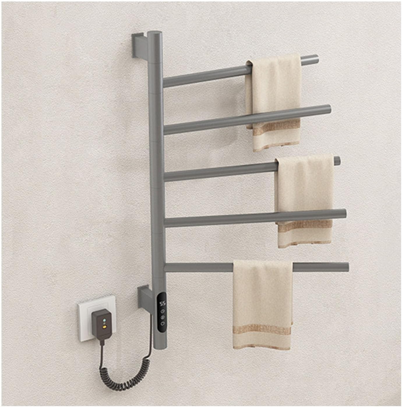 Towel Warmers 180° Rotation,Heated Towel Racks for Bathroom Wall Mounted,Plug in Energy Efficient Heated Drying Rack with Timer,White,Grey