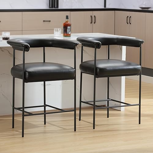 Miniatura 6 de DUOMAY Juego de 2 taburetes de bar modernos de barril de 26 pulgadas de altura de mostrador con brazos, taburetes de bar tapizados de piel